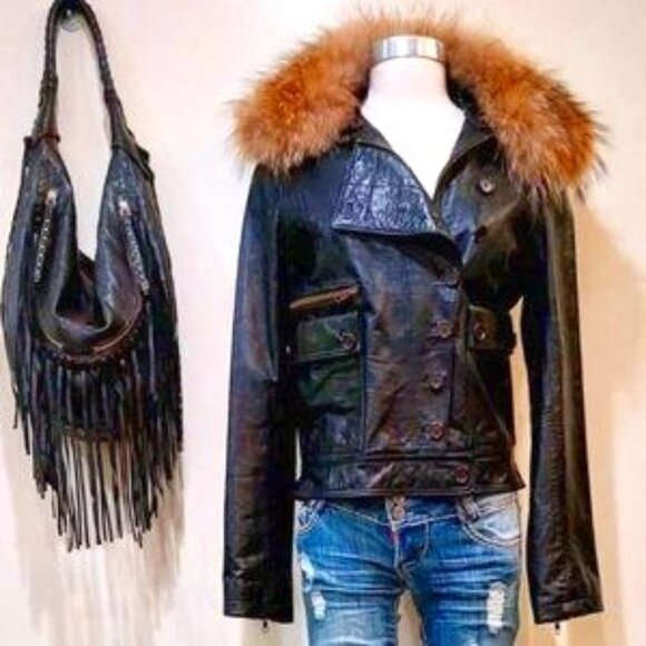 💥SPECTACULAR💥Back/Brown Lambskin Moto Jacket with Silver Fox Fur Collar